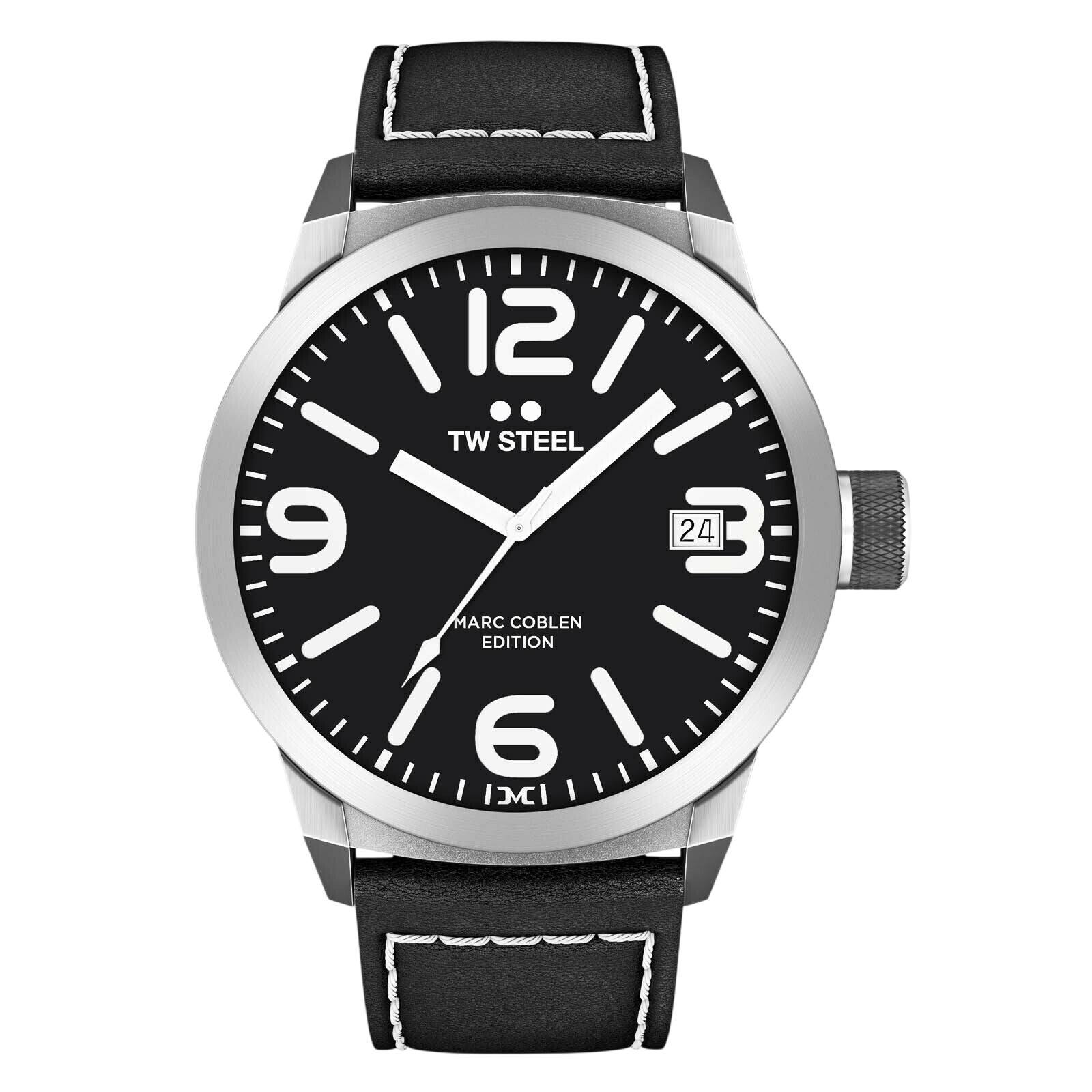 TW - Steel Analog watch Marc Coblen TWMC54 black leather strap 50mm black dial - Watch Plaza
