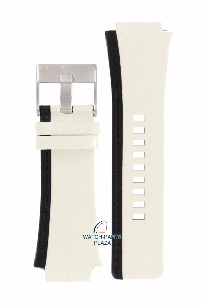 Watch Band Diesel DZ1093 Cliffhanger White Leather Strap 22mm black striped - Watch Plaza