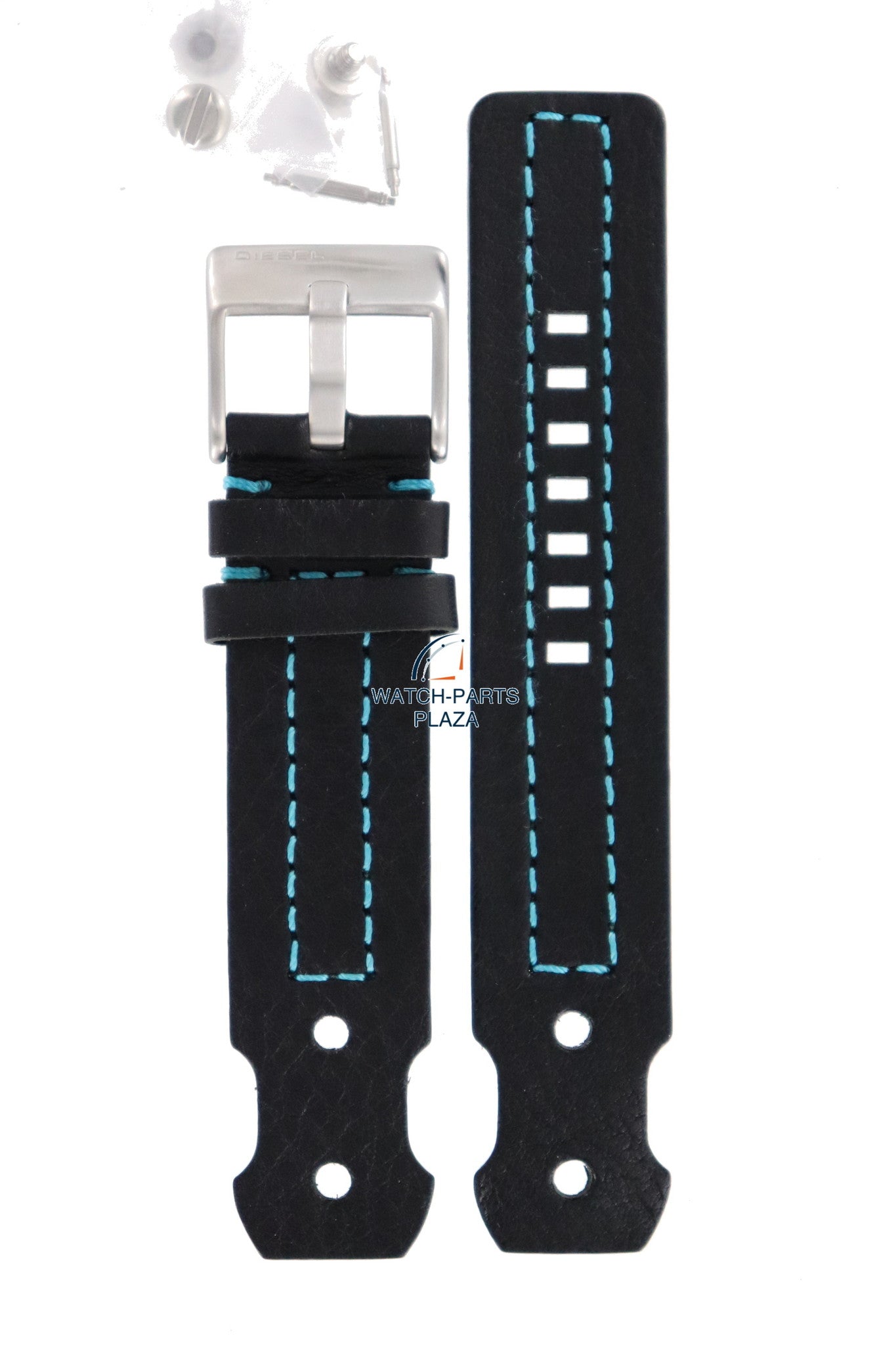 Watch Band Diesel DZ2113 black leather strap 22mm blue stitched - Watch Plaza