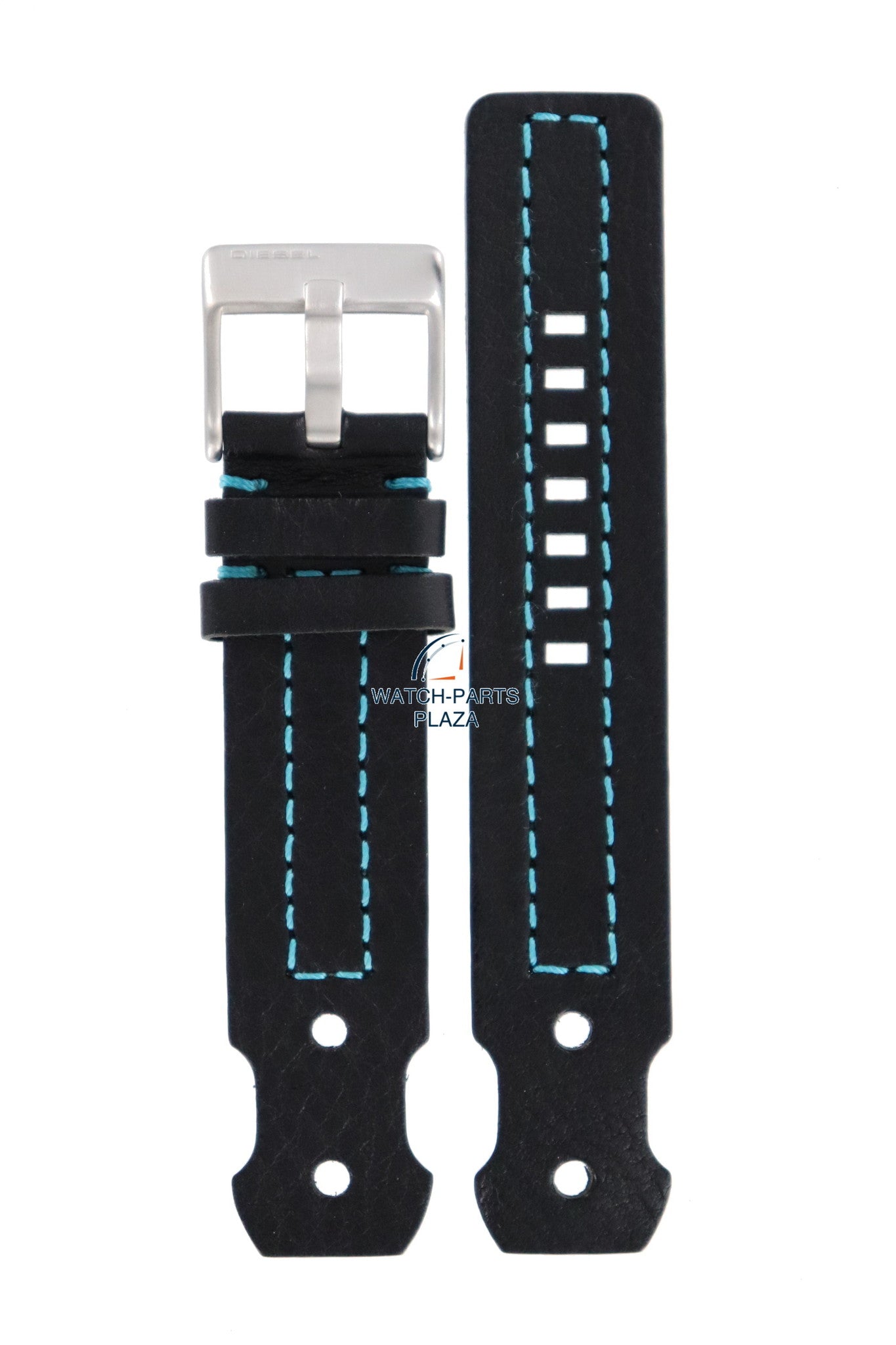 Watch Band Diesel DZ2113 black leather strap 22mm blue stitched - Watch Plaza