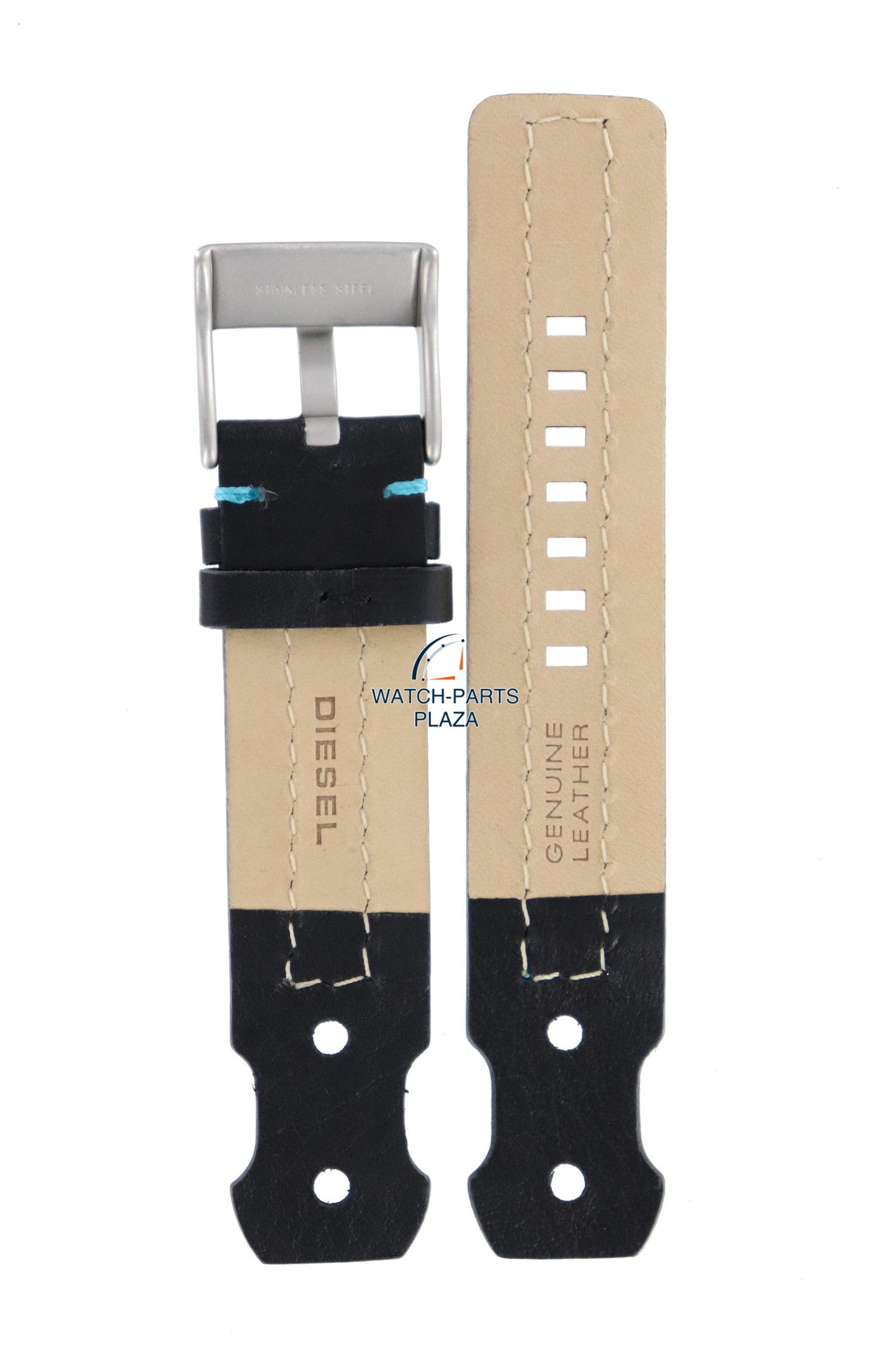 Watch Band Diesel DZ2113 black leather strap 22mm blue stitched - Watch Plaza