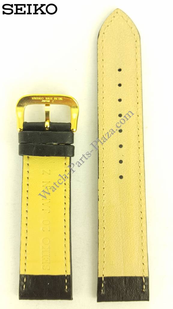 SEIKO BLACK LEATHER WATCH BAND 20mm 7T32 - 6B50 Strap SDW050J GOLD BUCKLE SDW169P1 - Watch Plaza