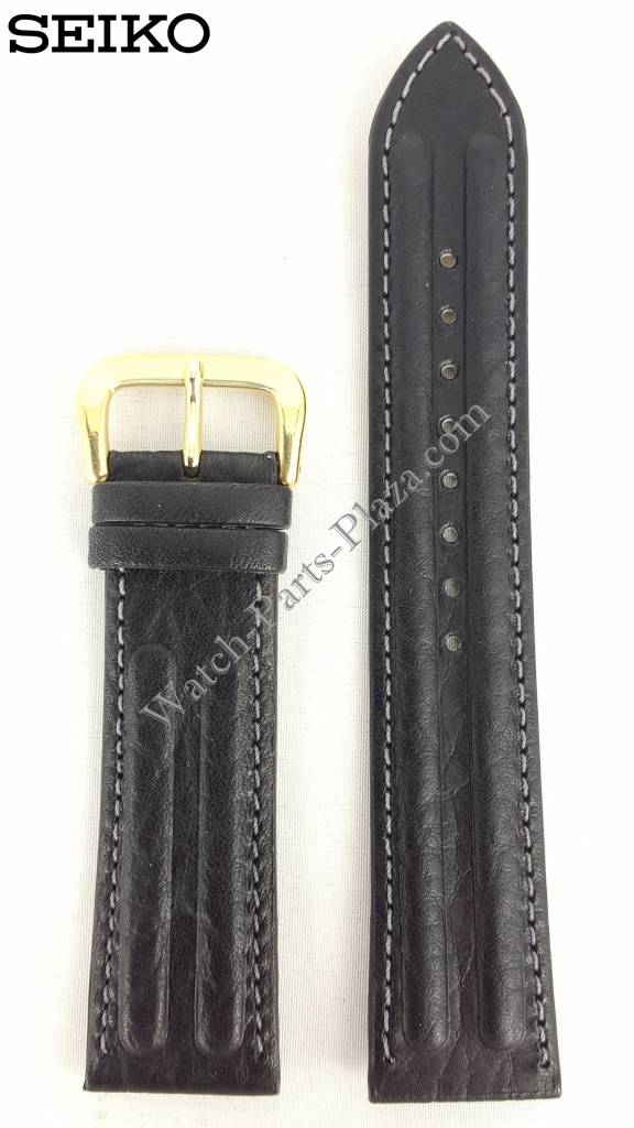 SEIKO BLACK LEATHER WATCH BAND 20mm 7T32 - 6B50 Strap SDW050J GOLD BUCKLE SDW169P1 - Watch Plaza