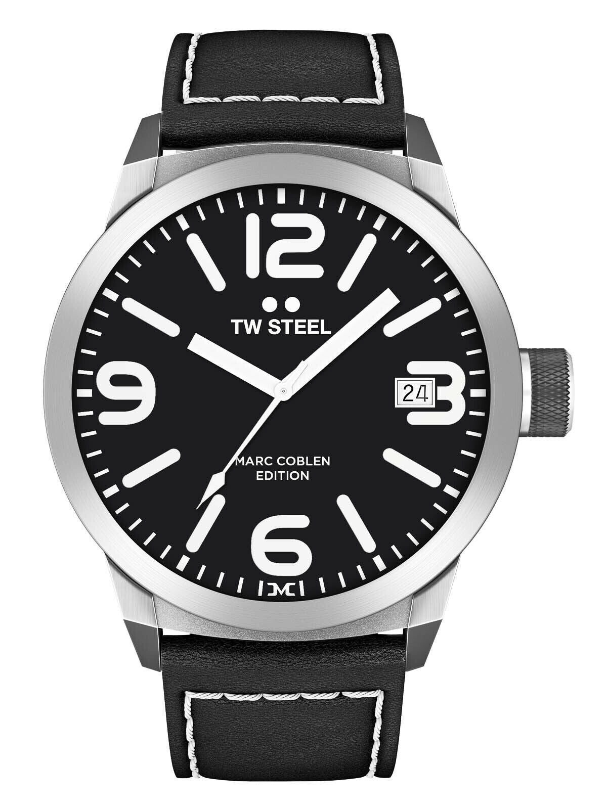 TW - Steel Analog watch Marc Coblen TWMC54 black leather strap 50mm black dial - Watch Plaza