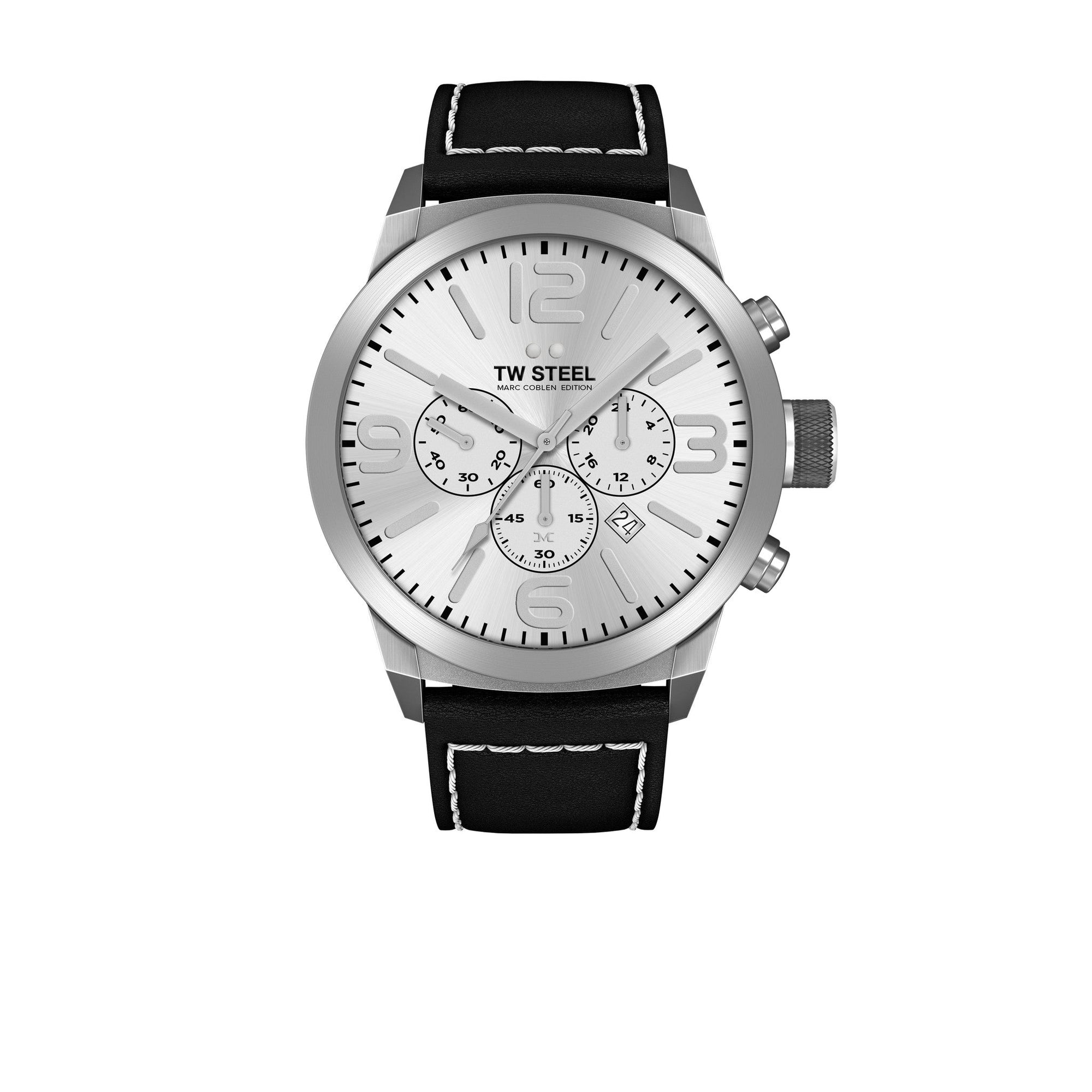 TW - Steel Marc Coblen TWMC60 chronograph watch black 50mm white stitched black strap - Watch Plaza