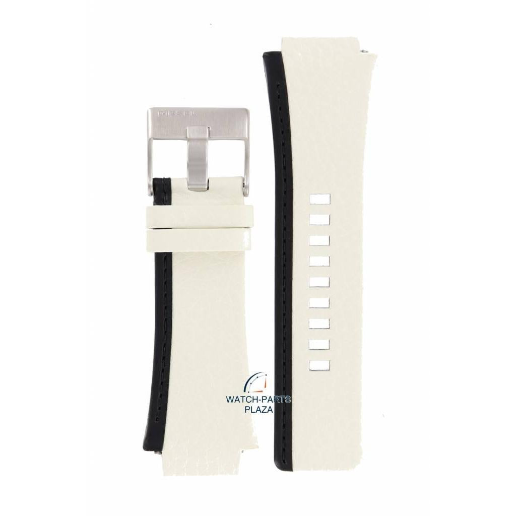 Watch Band Diesel DZ1093 Cliffhanger White Leather Strap 22mm black striped - Watch Plaza