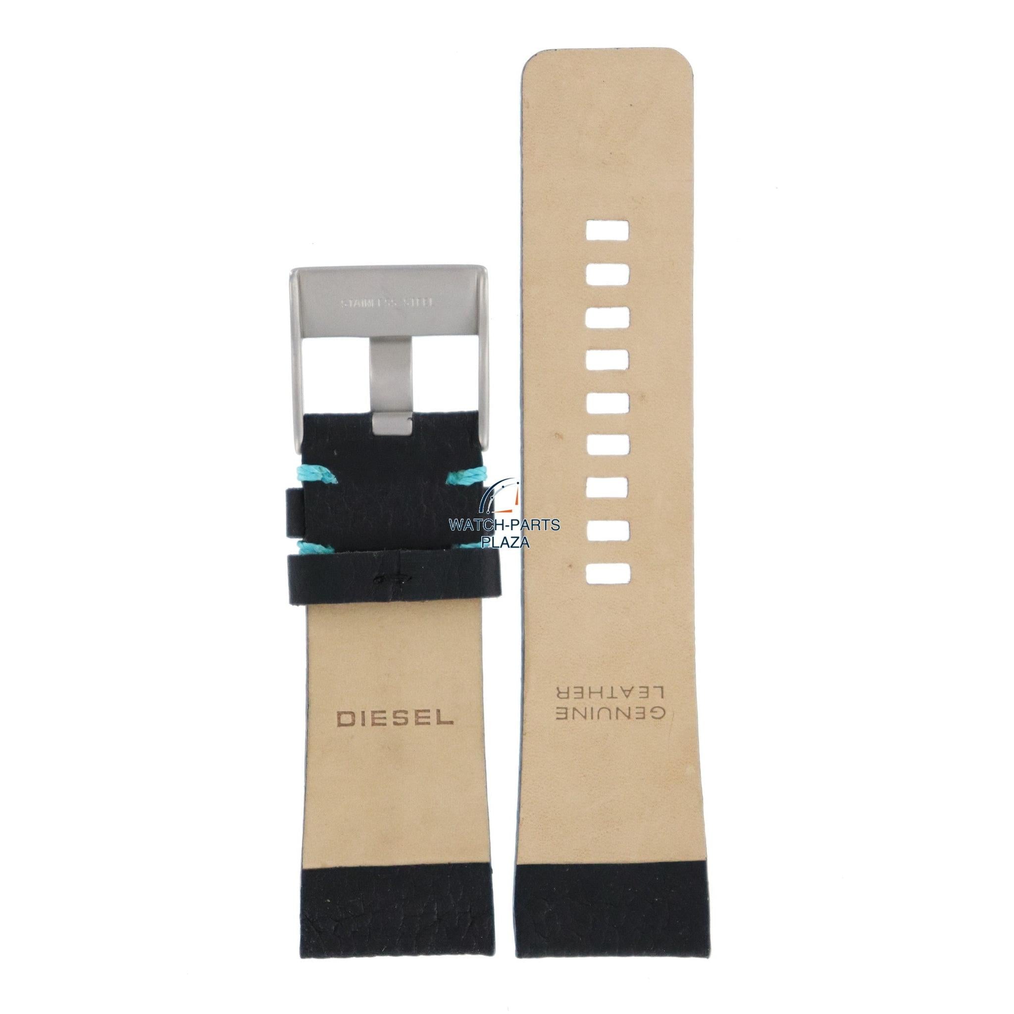 Watch Band Diesel DZ2110 black leather strap 27mm original blue stitching - Watch Plaza