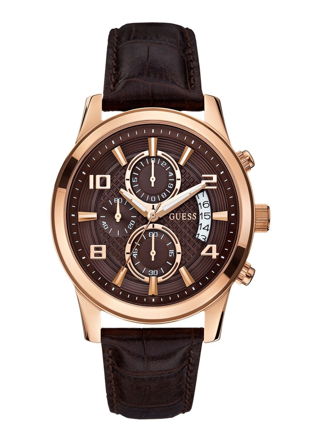 Watch Guess Exec W0076G4 chronograph watch men's rosé 44mm brown croco leather strap - Watch Plaza