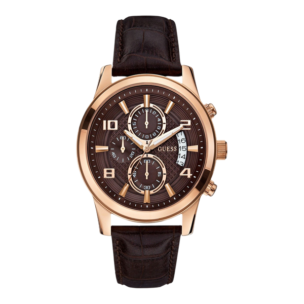Watch Guess Exec W0076G4 chronograph watch men's rosé 44mm brown croco leather strap - Watch Plaza
