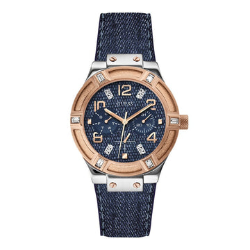 Watch Guess W0289L1 Jet Setter analog watch ladies rosé 39mm blue textile leather strap - Watch Plaza