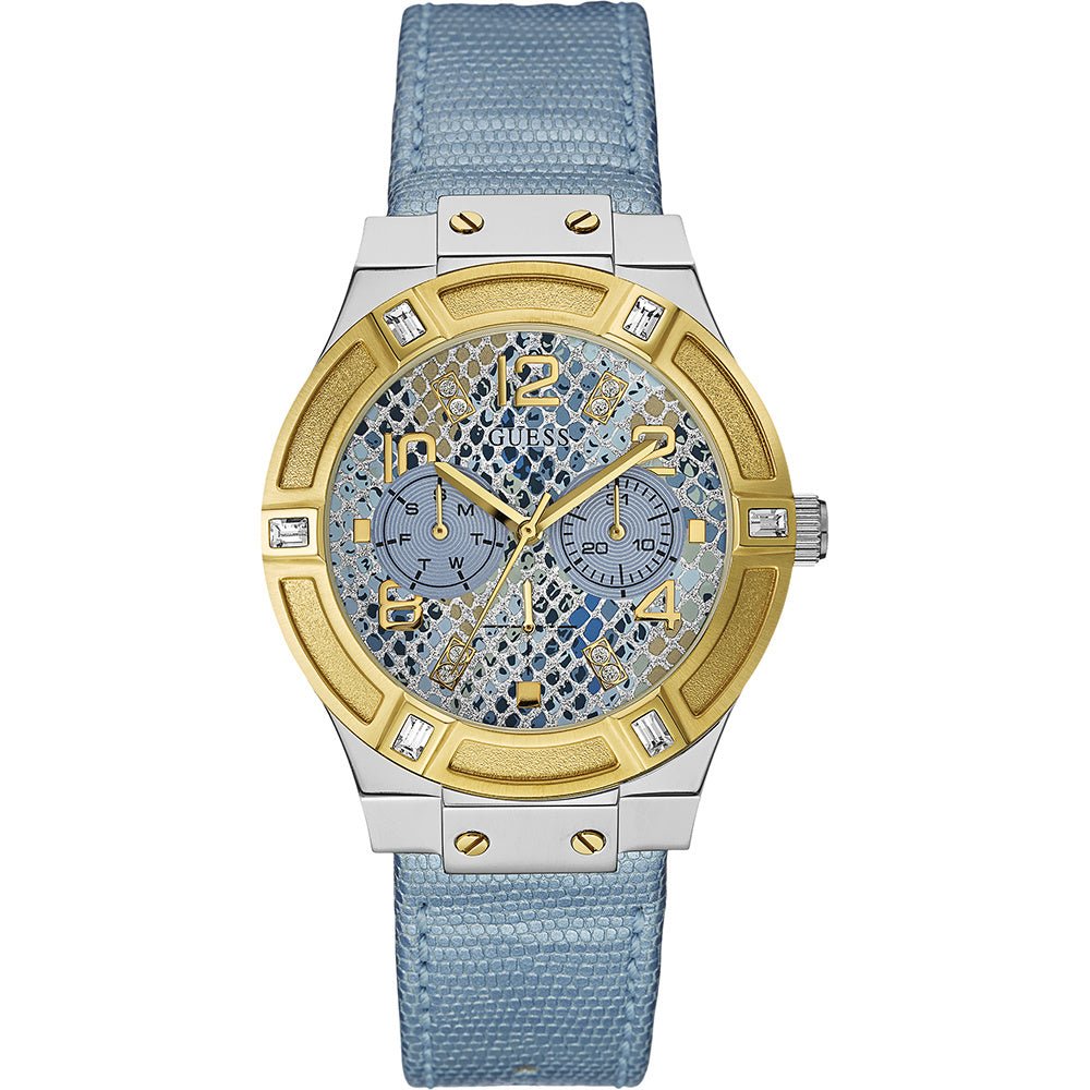 Watch Guess W0289L2 Jet Setter ladies watch gold colored 39mm light blue strap - Watch Plaza